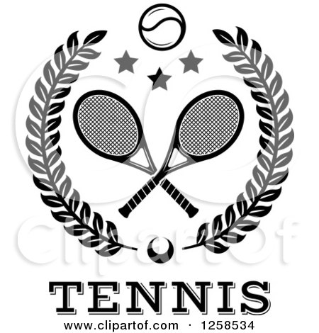 Clipart of a Black and White Leafy Wreath with Crossed Tennis Rackets a Ball and Stars over Text - Royalty Free Vector Illustration by Vector Tradition SM