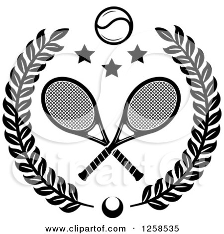 Clipart of a Black and White Leafy Wreath with Crossed Tennis Rackets a Ball and Stars - Royalty Free Vector Illustration by Vector Tradition SM