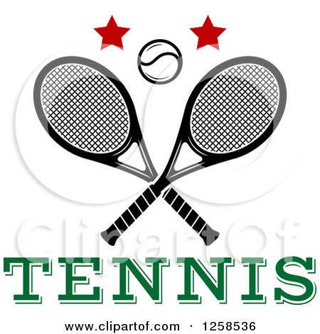 Clipart of a Ball and Stars over Crossed Tennis Rackets and Text - Royalty Free Vector Illustration by Vector Tradition SM