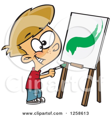 Clipart of a Cartoon Caucasian Boy Painting a Stroke on a Canvas - Royalty Free Vector Illustration by toonaday
