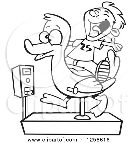 Clipart of a Black and White Cartoon Boy Having Fun on a Duck Ride - Royalty Free Vector Illustration by toonaday