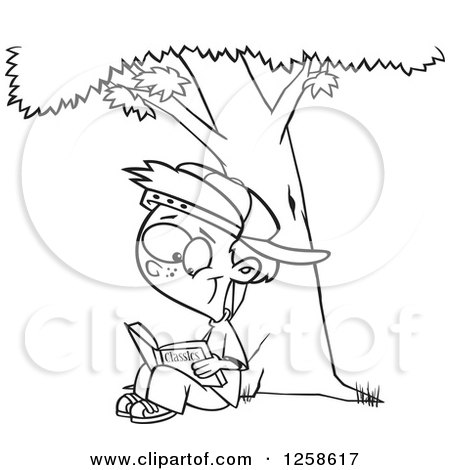 Clipart of a Black and White Cartoon Boy Reading a Classic Book Under a Tree - Royalty Free Vector Illustration by toonaday