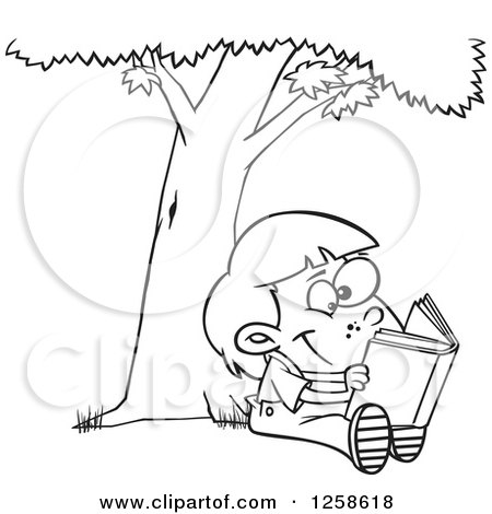 Clipart of a Black and White Cartoon Child Reading a Book Under a Tree - Royalty Free Vector Illustration by toonaday