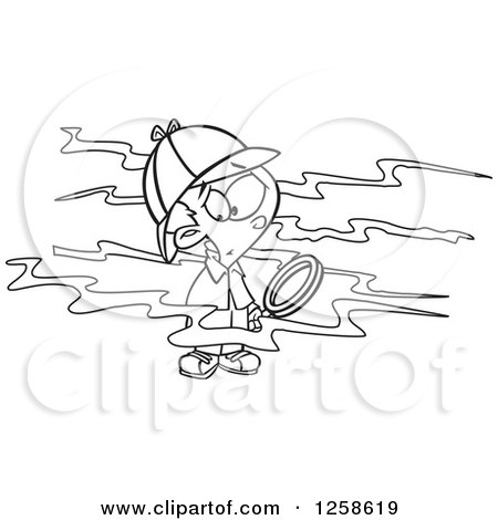 Clipart of a Black and White Cartoon Boy Sherlock Picking up a Scent and Holding a Magnifying Glass - Royalty Free Vector Illustration by toonaday