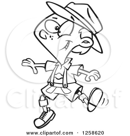 Clipart of a Black and White Cartoon German Boy Dancing in Lederhosen - Royalty Free Vector Illustration by toonaday