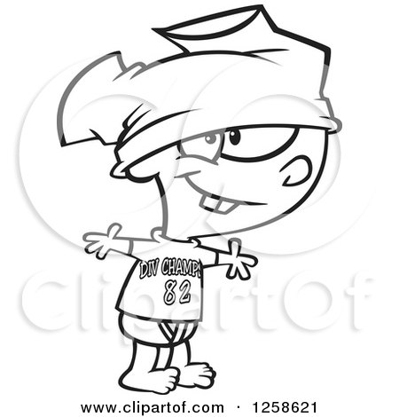 Clipart of a Black and White Cartoon Boy Wearing Pants on His Head - Royalty Free Vector Illustration by toonaday