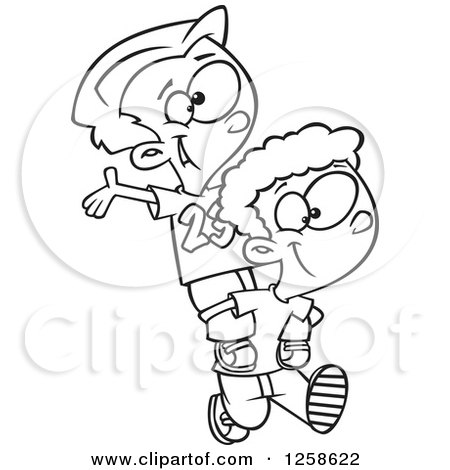 Clipart of Black and White Cartoon Boys Giving Piggy Back Rides - Royalty Free Vector Illustration by toonaday