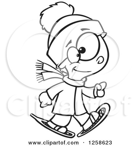 Clipart of a Black and White Cartoon Boy Walking in Snowshoes - Royalty Free Vector Illustration by toonaday