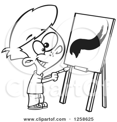 Clipart of a Black and White Cartoon Boy Painting a Stroke on a Canvas - Royalty Free Vector Illustration by toonaday