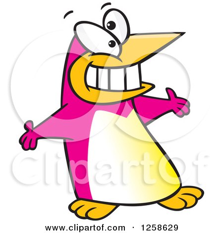 Clipart of a Pink Cartoon Welcoming Penguin with Open Arms - Royalty Free Vector Illustration by toonaday