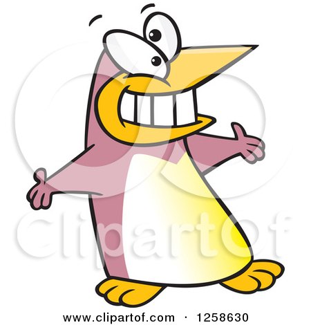 Clipart of a Puce Cartoon Welcoming Penguin with Open Arms - Royalty Free Vector Illustration by toonaday