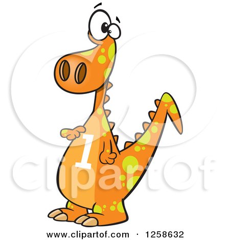 Clipart of a Cartoon Orange Dinosaur with a Number One on His Tummy - Royalty Free Vector Illustration by toonaday