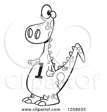 Clipart of a Black and White Cartoon Dinosaur with a Number One on His Tummy - Royalty Free Vector Illustration by toonaday