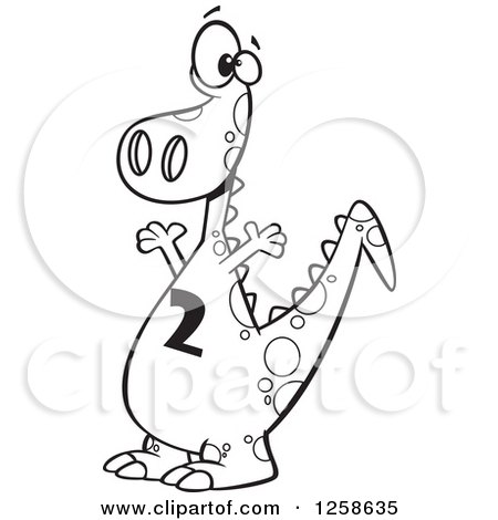 Clipart of a Black and White Cartoon Dinosaur with a Number Two on His Tummy - Royalty Free Vector Illustration by toonaday