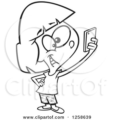 Clipart of a Black and White Cartoon Girl Taking a Selfie with Her Cell Phone - Royalty Free Vector Illustration by toonaday