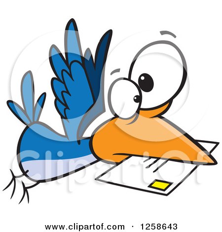 Clipart of a Cartoon Blue Bird Delivering Air Mail - Royalty Free Vector Illustration by toonaday