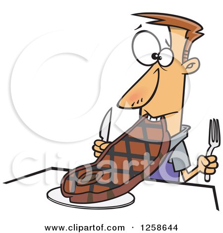 Clipart of a Cartoon Caucasian Man Trying to Eat a Giant Steak - Royalty Free Vector Illustration by toonaday