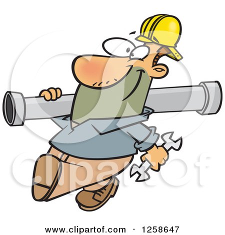 Clipart of a Happy Cartoon Caucasian Man Carrying a Pipe - Royalty Free Vector Illustration by toonaday