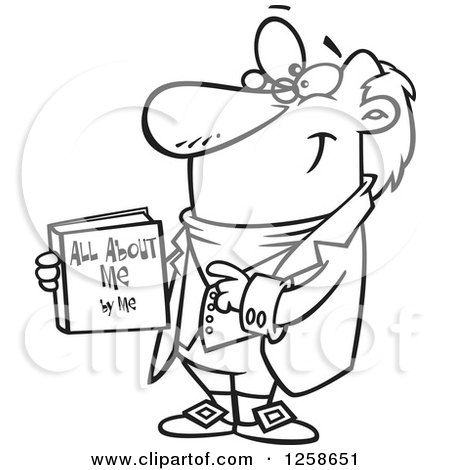 Clipart of a Black and White Cartoon Man Holding His Biograpy Book - Royalty Free Vector Illustration by toonaday