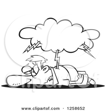 Clipart of a Black and White Cartoon Tired Man Being Struck with Lightning - Royalty Free Vector Illustration by toonaday