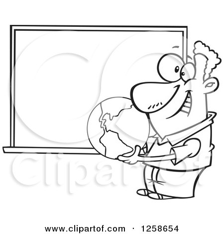 Clipart of a Black and White Cartoon Male Teacher Holding a Globe by a Chalkboard - Royalty Free Vector Illustration by toonaday