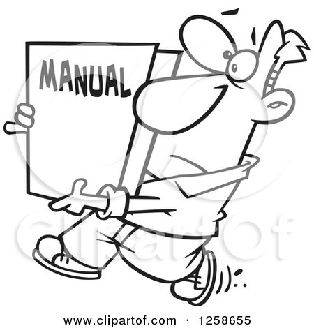 Clipart of a Black and White Cartoon Man Carrying a Big Manual - Royalty Free Vector Illustration by toonaday