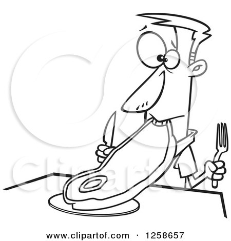 Clipart of a Black and White Cartoon Man Trying to Eat a Giant Steak - Royalty Free Vector Illustration by toonaday