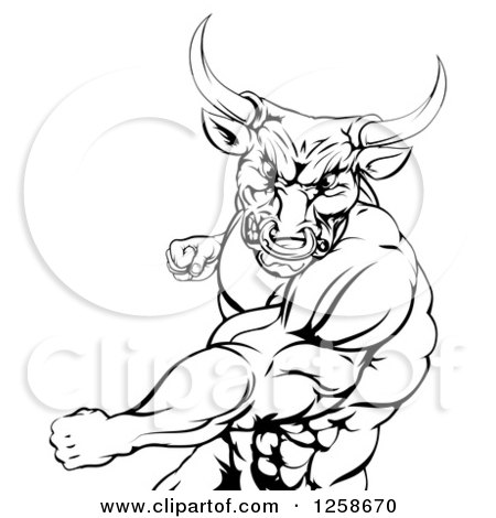 Clipart of a Black and White Mad Bull or Minotaur Mascot Punching - Royalty Free Vector Illustration by AtStockIllustration