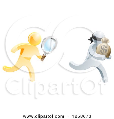 Clipart of a 3d Gold Detective with a Magnifying Glass, Chasing a Silver Robber - Royalty Free Vector Illustration by AtStockIllustration