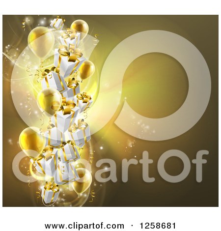 Clipart of a Background of 3d Gold Party Balloons and gifts - Royalty Free Vector Illustration by AtStockIllustration