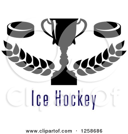 Clipart of a Black and White Trophy Cup with Hockey Pucks Branches and Text - Royalty Free Vector Illustration by Vector Tradition SM