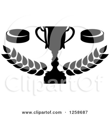 Clipart of a Black and White Trophy Cup with Hockey Pucks over Branches - Royalty Free Vector Illustration by Vector Tradition SM