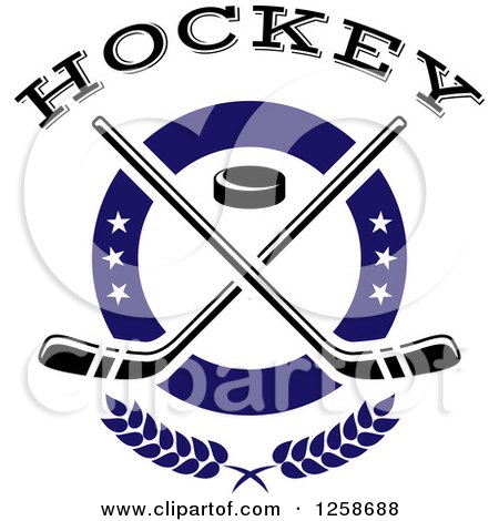 Clipart of a Puck and Crossed Hockey Sticks in a Ring with Stars and Text - Royalty Free Vector Illustration by Vector Tradition SM