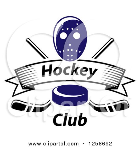 Clipart of a Blue Hockey Puck over Crossed Sticks a Banner with Text and Mask - Royalty Free Vector Illustration by Vector Tradition SM