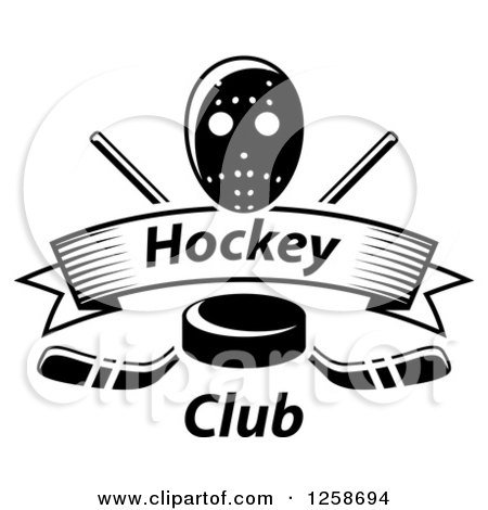 Clipart of a Black and White Hockey Puck over Crossed Sticks a Text Banner and Mask - Royalty Free Vector Illustration by Vector Tradition SM