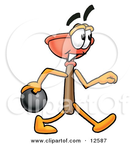 Clipart Picture of a Sink Plunger Mascot Cartoon Character Holding a Bowling Ball by Mascot Junction
