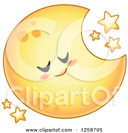 Clipart of a Yellow Sleeping Crescent Moon with Stars - Royalty Free Vector Illustration by yayayoyo