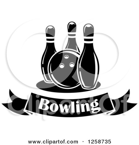 Clipart of a Black and White Bowling Ball with Three Pins over a Text Banner - Royalty Free Vector Illustration by Vector Tradition SM