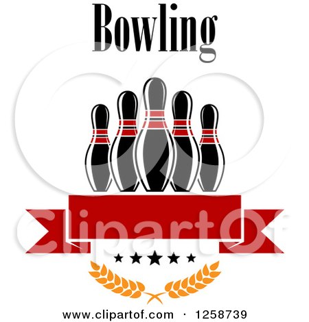 Clipart of Text over Bowling Pins over a Red Banner Stars and Laurels - Royalty Free Vector Illustration by Vector Tradition SM