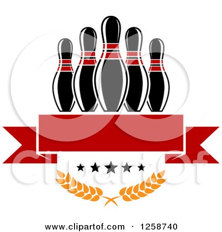 Clipart of Bowling Pins over a Red Banner Stars and Laurels - Royalty Free Vector Illustration by Vector Tradition SM
