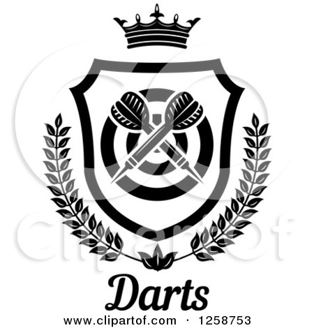 Clipart of Black and White Crossed Throwing Darts in a Crowned Shield with a Target Wreath and Text - Royalty Free Vector Illustration by Vector Tradition SM