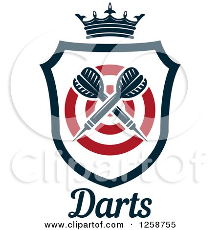Clipart of Crossed Throwing Darts in a Crowned Shield with a Target and Text - Royalty Free Vector Illustration by Vector Tradition SM