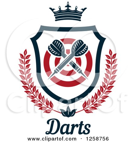 Clipart of Crossed Throwing Darts in a Crowned Shield with a Target Wreath and Text - Royalty Free Vector Illustration by Vector Tradition SM