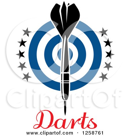 Clipart of a Throwing Dart over a Blue Target with Stars and Text - Royalty Free Vector Illustration by Vector Tradition SM