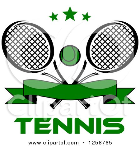 Clipart of Stars over Crossed Tennis Rackets and a Ball with a Banner and Text - Royalty Free Vector Illustration by Vector Tradition SM