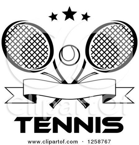 Clipart of Black and White Stars over Crossed Tennis Rackets and a Ball with a Banner and Text - Royalty Free Vector Illustration by Vector Tradition SM