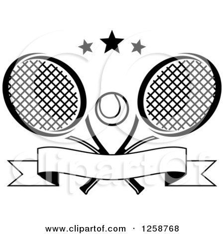 Clipart of Black and White Stars over Crossed Tennis Rackets and a Ball with a Banner - Royalty Free Vector Illustration by Vector Tradition SM