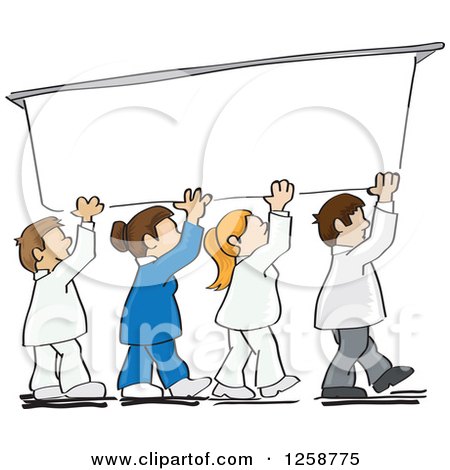 Clipart of a Colaboration of Workers Holding up a Sign - Royalty Free Vector Illustration by David Rey