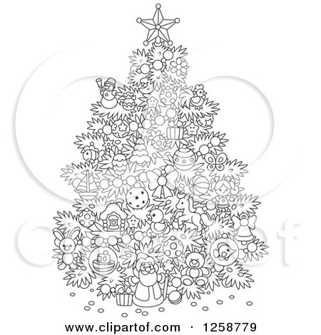 Clipart of a Black and White Christmas Tree with Cute Ornaments - Royalty Free Vector Illustration by Alex Bannykh