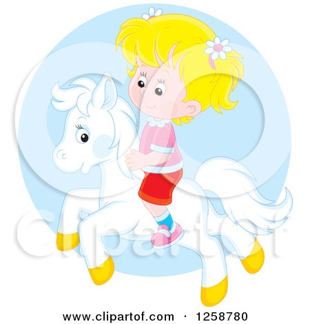 Clipart of a Blond Caucasian Girl Riding a Pony over a Blue Circle - Royalty Free Vector Illustration by Alex Bannykh